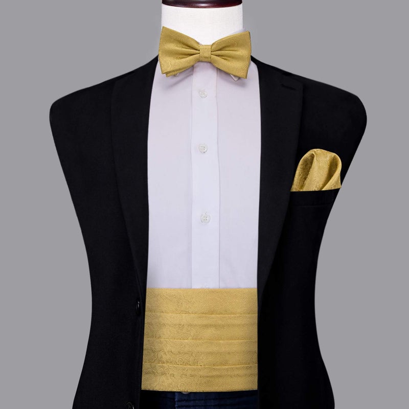 Dubulle Mens Paisley Floral Cummerbund and Bowtie Silk Pretied Bow Ties for Men Handkercheif Cufflinsk Set,A gold - Image 2